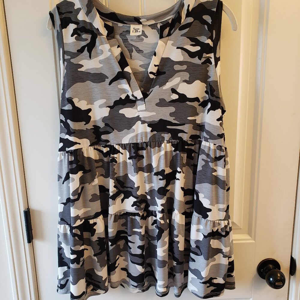 Sew In Love Camo Sleeveless Tiered Babydoll Top